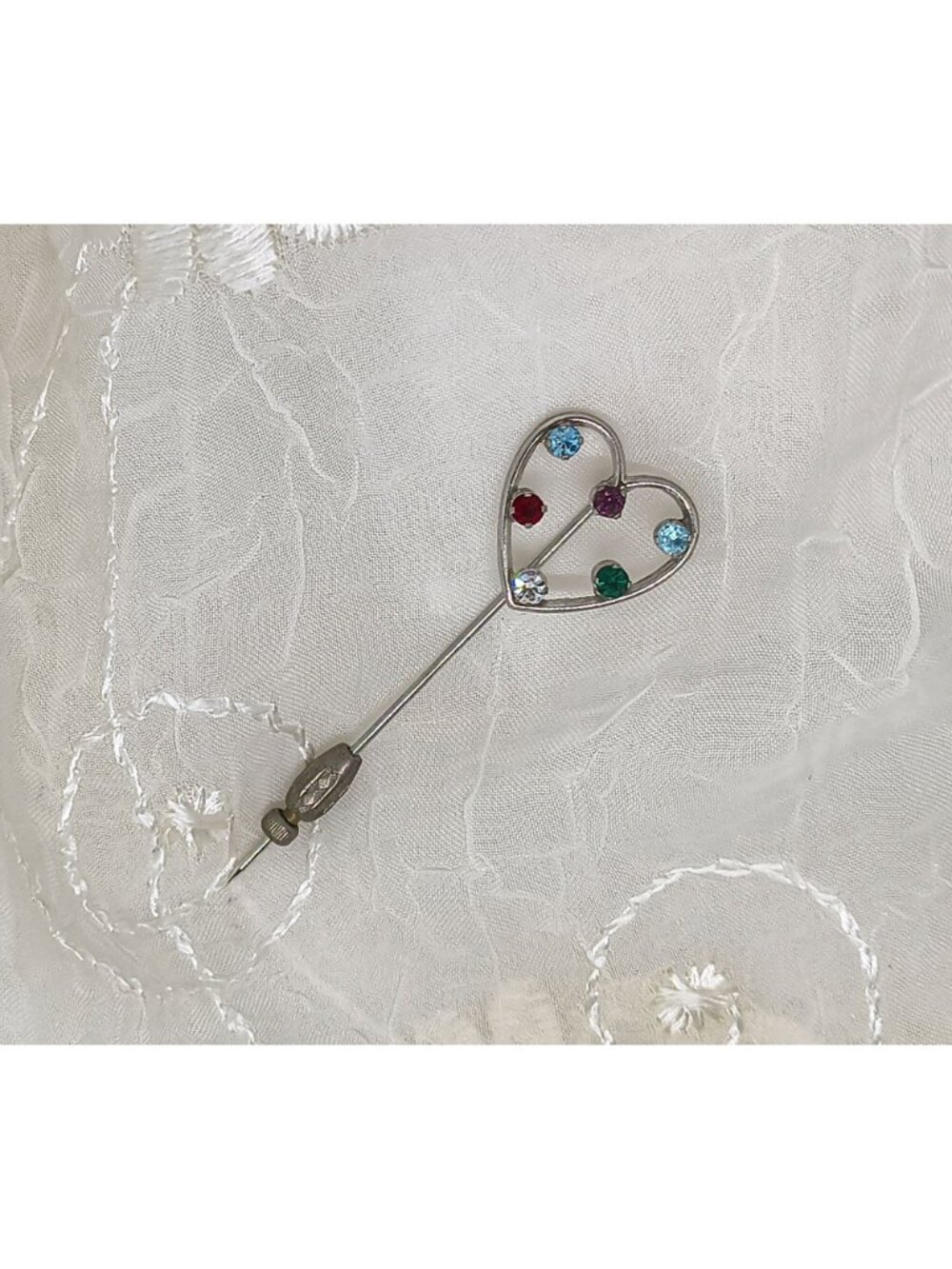 Vintage Anson Sterling Silver Heart Stick Pin With Multicolored Rhinestones - Picture 2 of 7